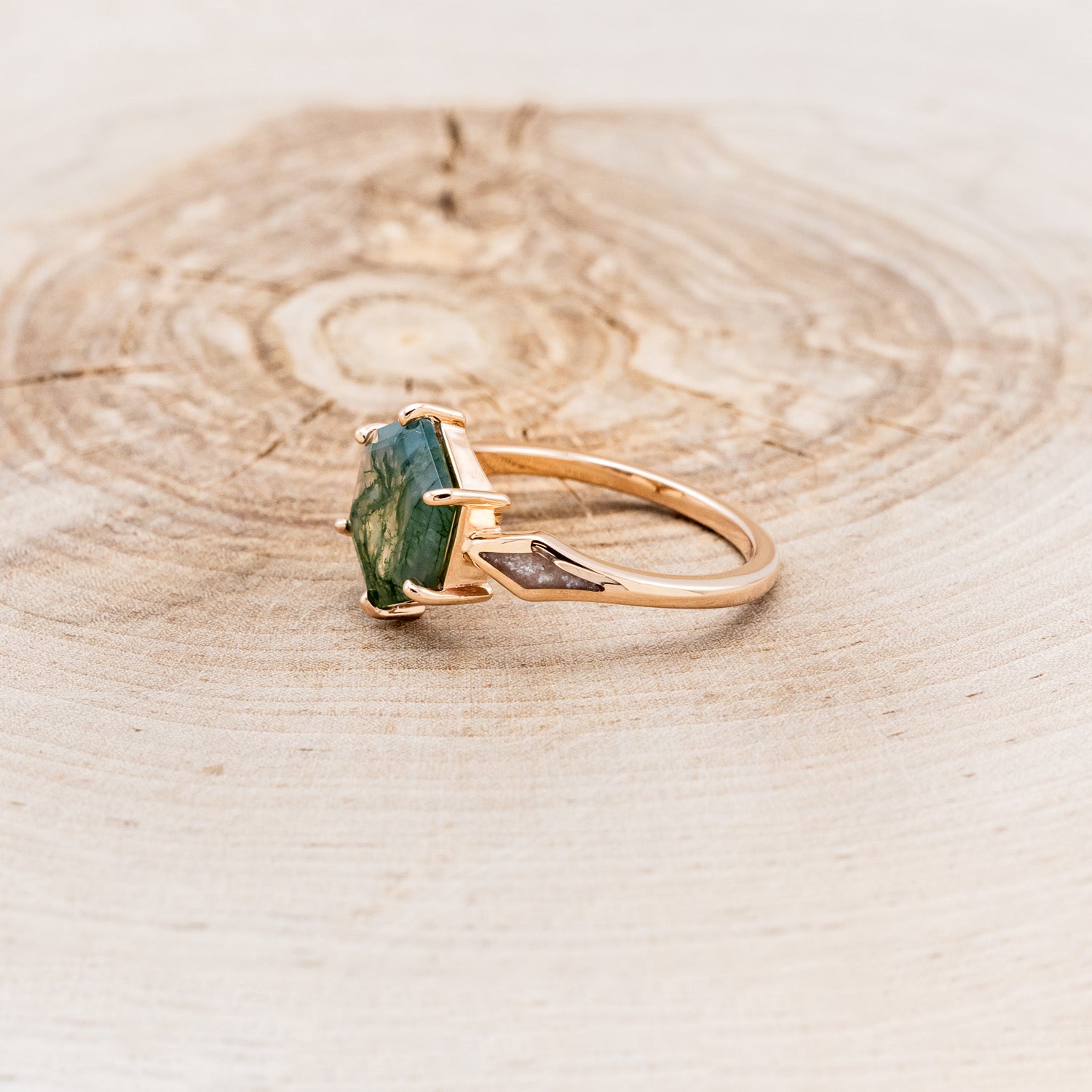 "LOVE STORY" - HEXAGON MOSS AGATE ENGAGEMENT RING WITH DIAMOND DUST INLAYS-3