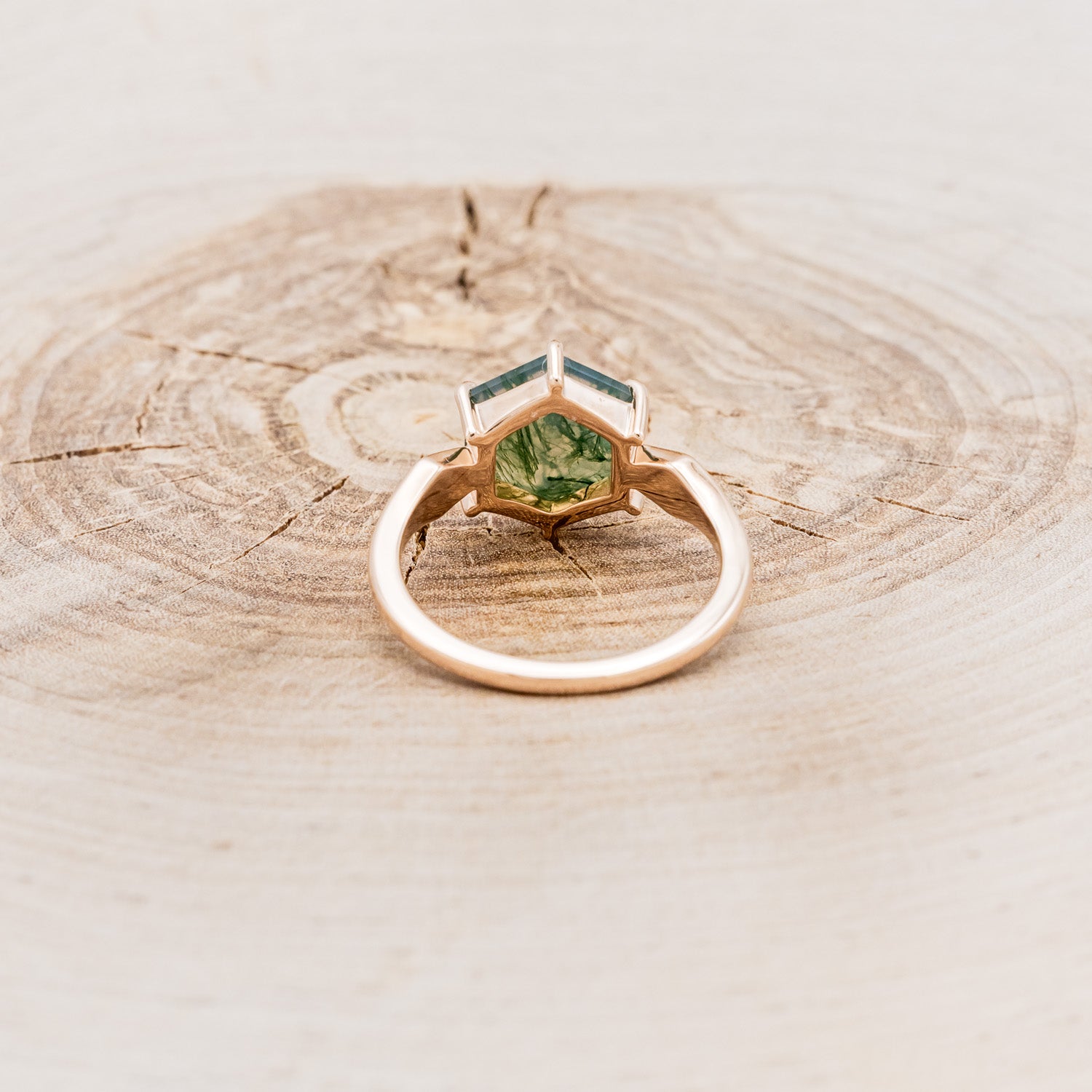 "LOVE STORY" - HEXAGON MOSS AGATE ENGAGEMENT RING WITH DIAMOND DUST INLAYS-5