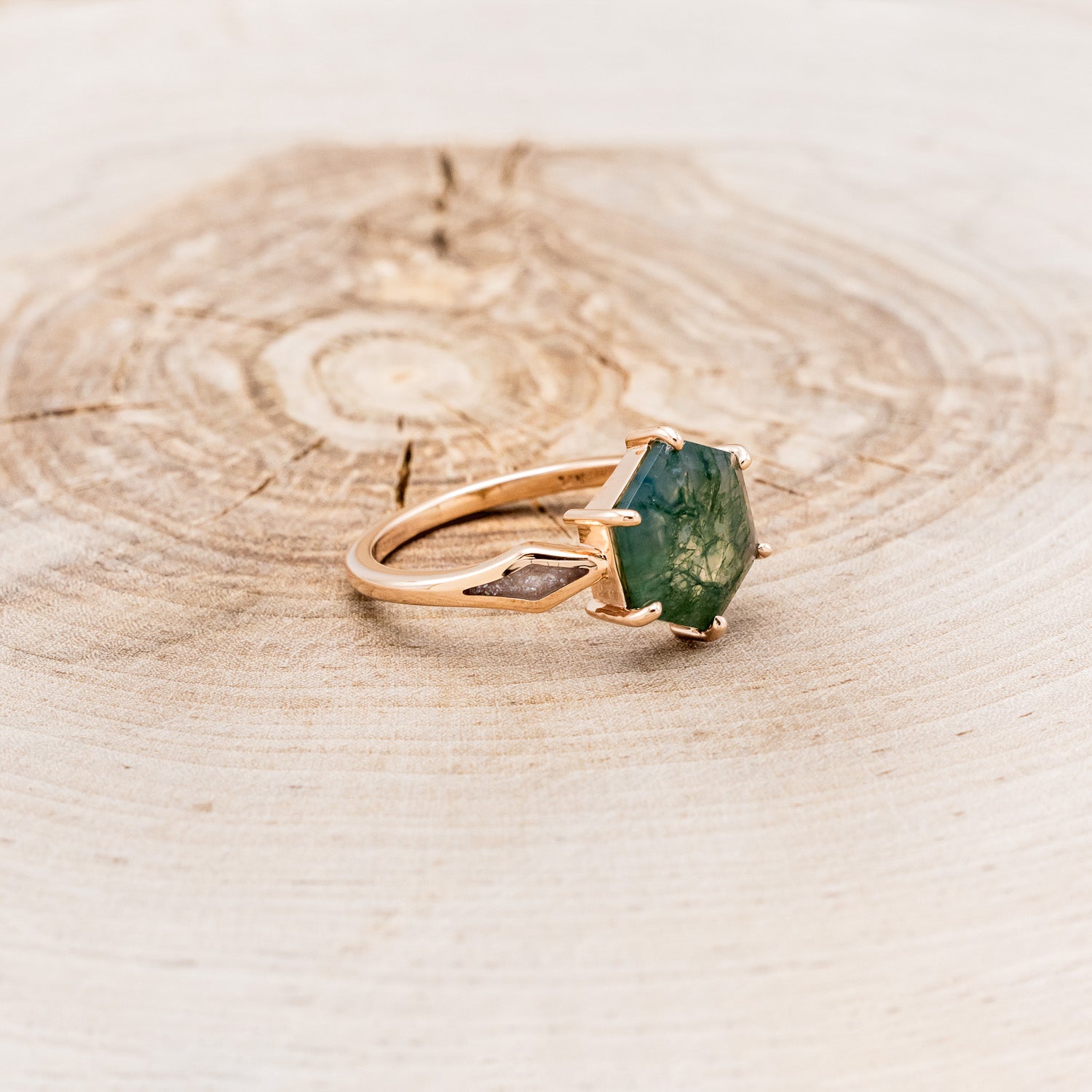 "LOVE STORY" - HEXAGON MOSS AGATE ENGAGEMENT RING WITH DIAMOND DUST INLAYS-2