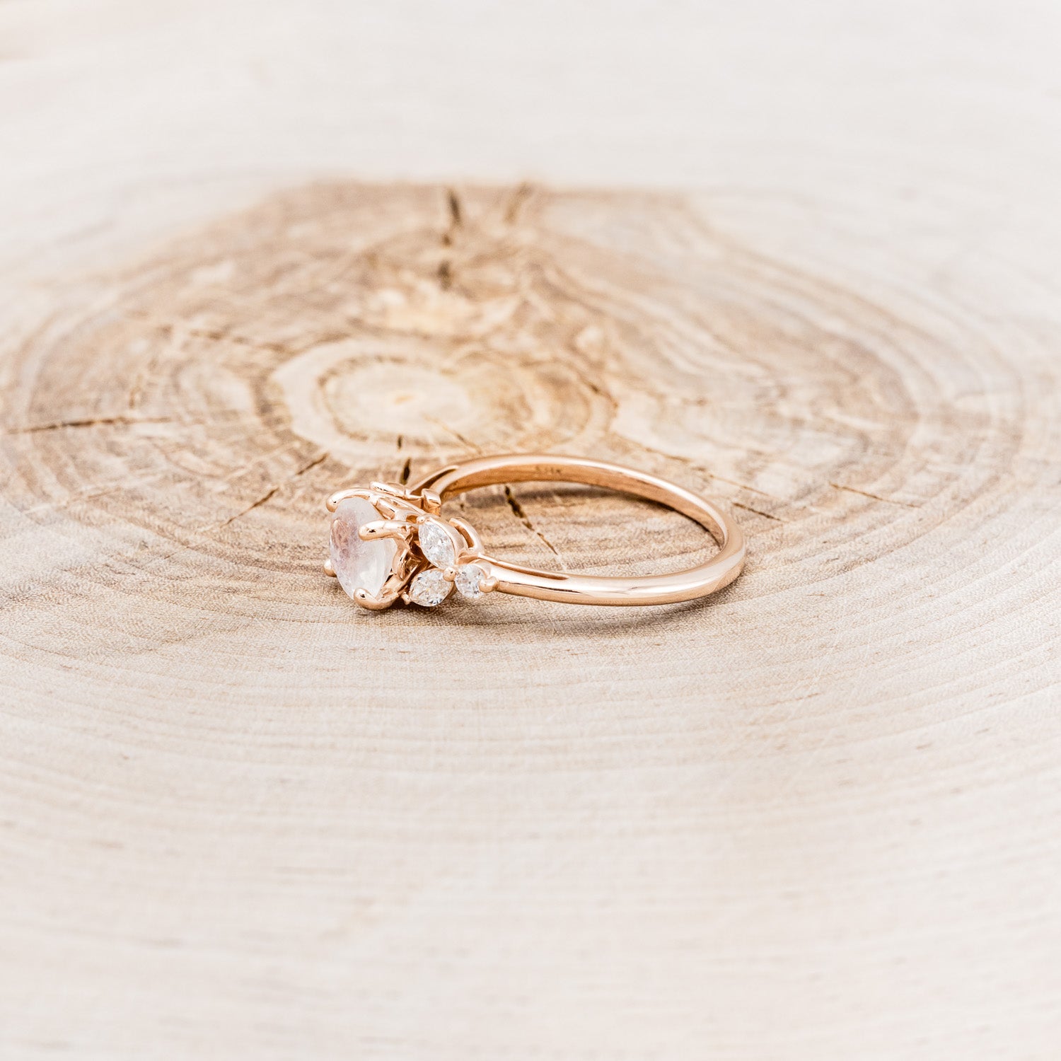 "BLOSSOM" - ROUND CUT MOONSTONE ENGAGEMENT RING WITH LEAF SHAPED DIAMOND ACCENTS-3