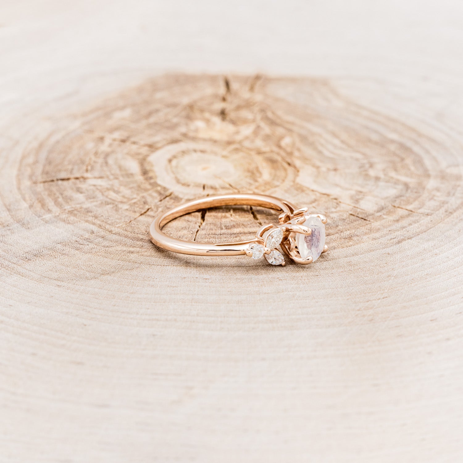 "BLOSSOM" - ROUND CUT MOONSTONE ENGAGEMENT RING WITH LEAF SHAPED DIAMOND ACCENTS-2