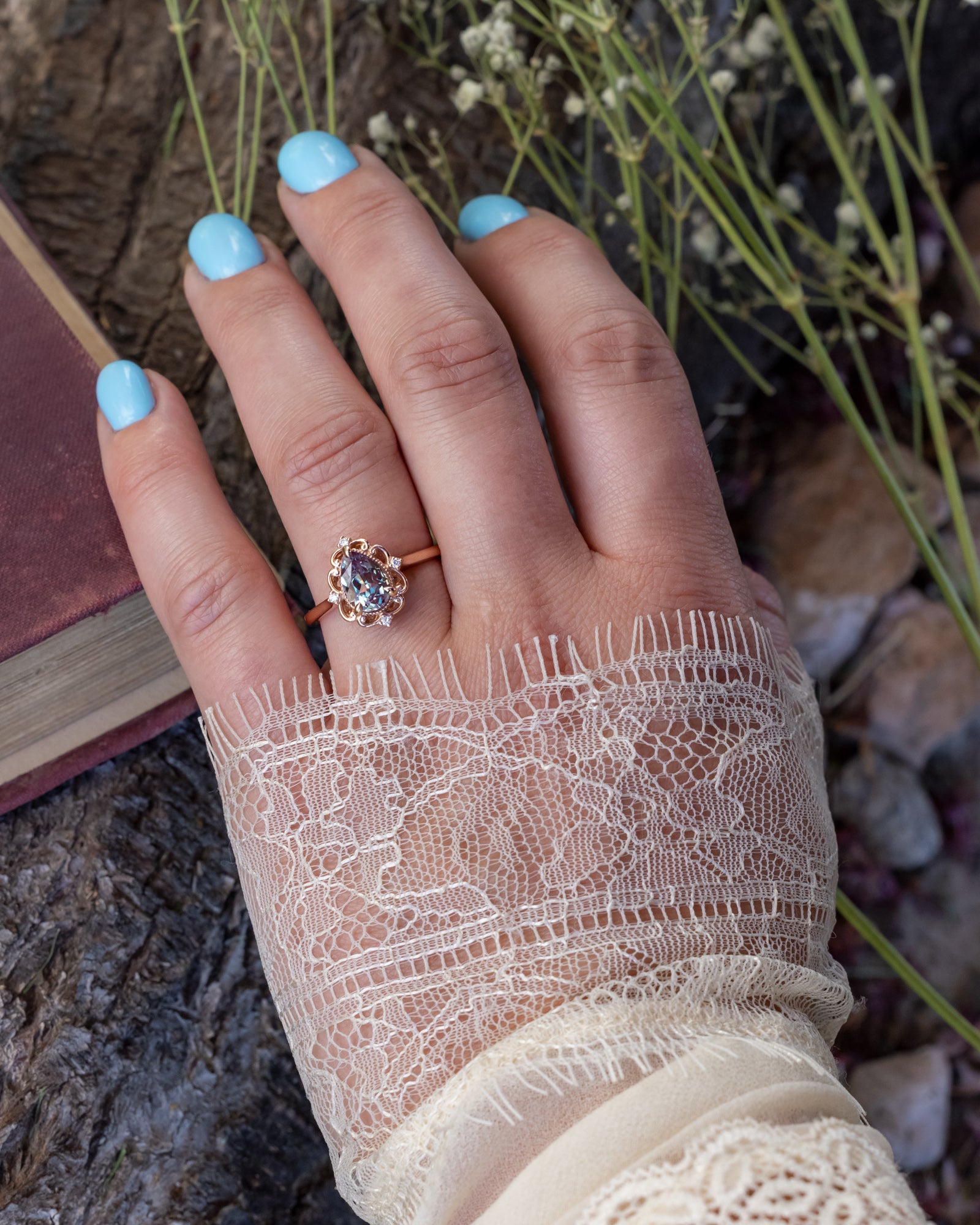 "VERA" - PEAR CUT LAB-GROWN ALEXANDRITE ENGAGEMENT RING WITH DIAMOND ACCENTS-Staghead Designs