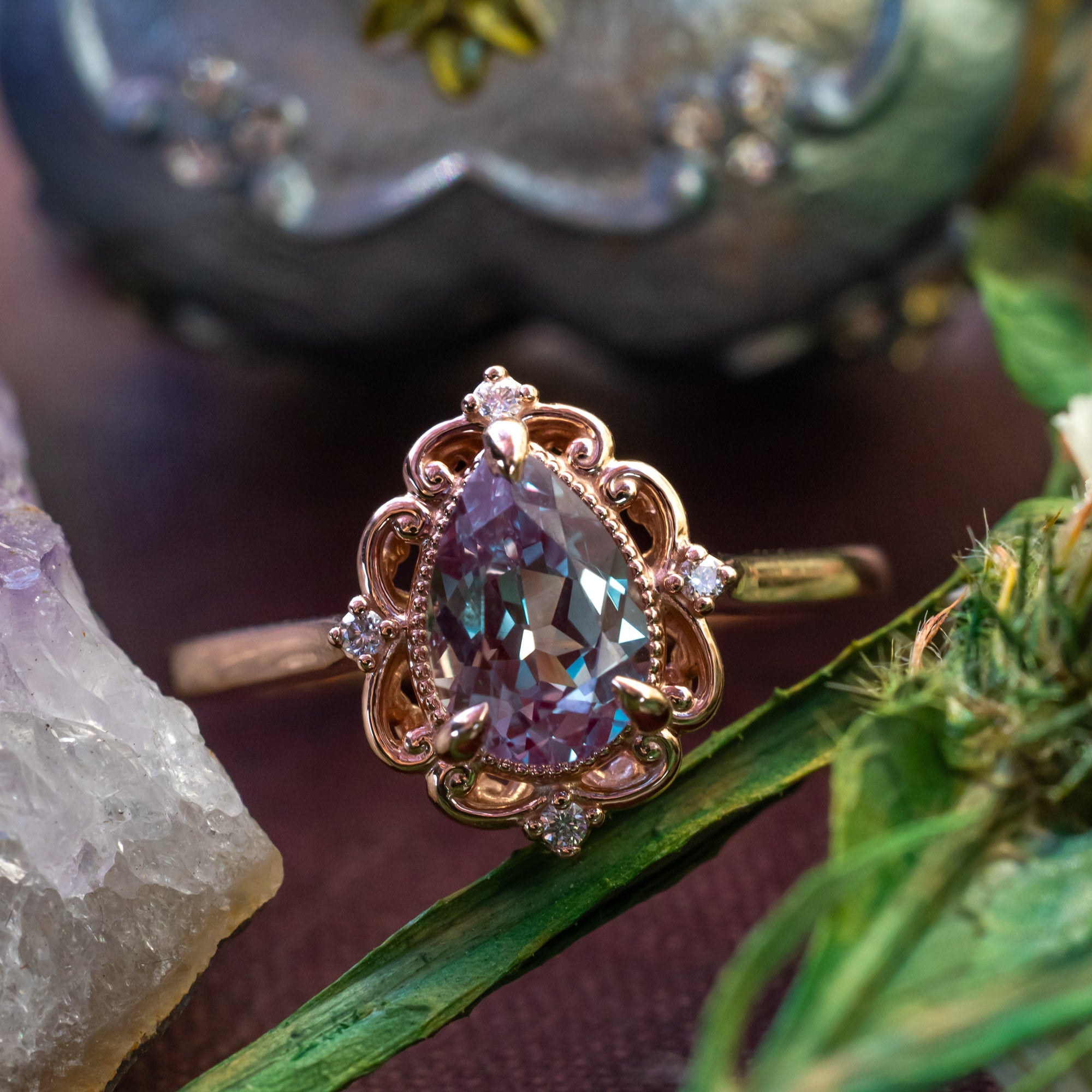 "VERA" - PEAR CUT LAB-GROWN ALEXANDRITE ENGAGEMENT RING WITH DIAMOND ACCENTS-Staghead Designs