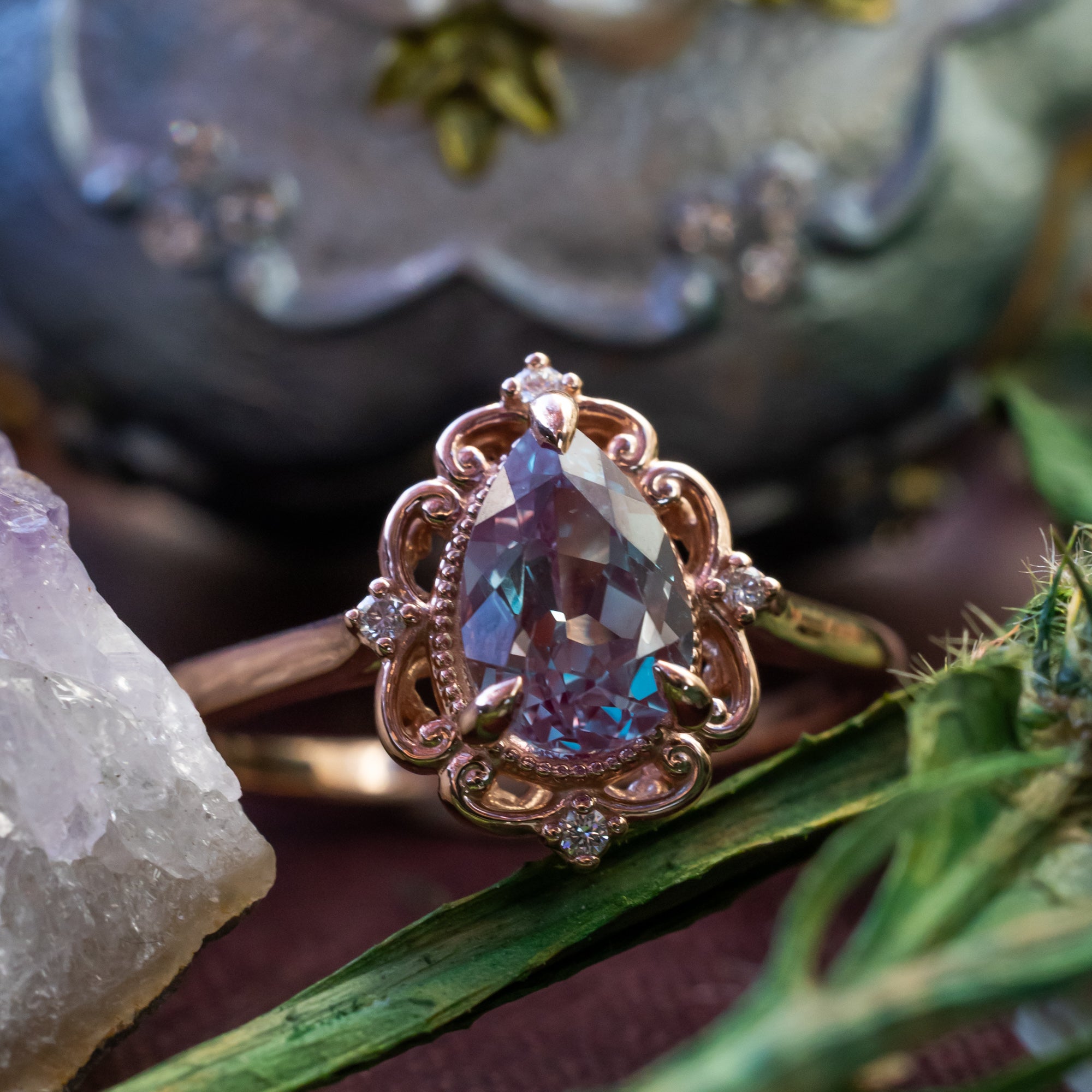 "VERA" - PEAR CUT LAB-GROWN ALEXANDRITE ENGAGEMENT RING WITH DIAMOND ACCENTS-Staghead Designs