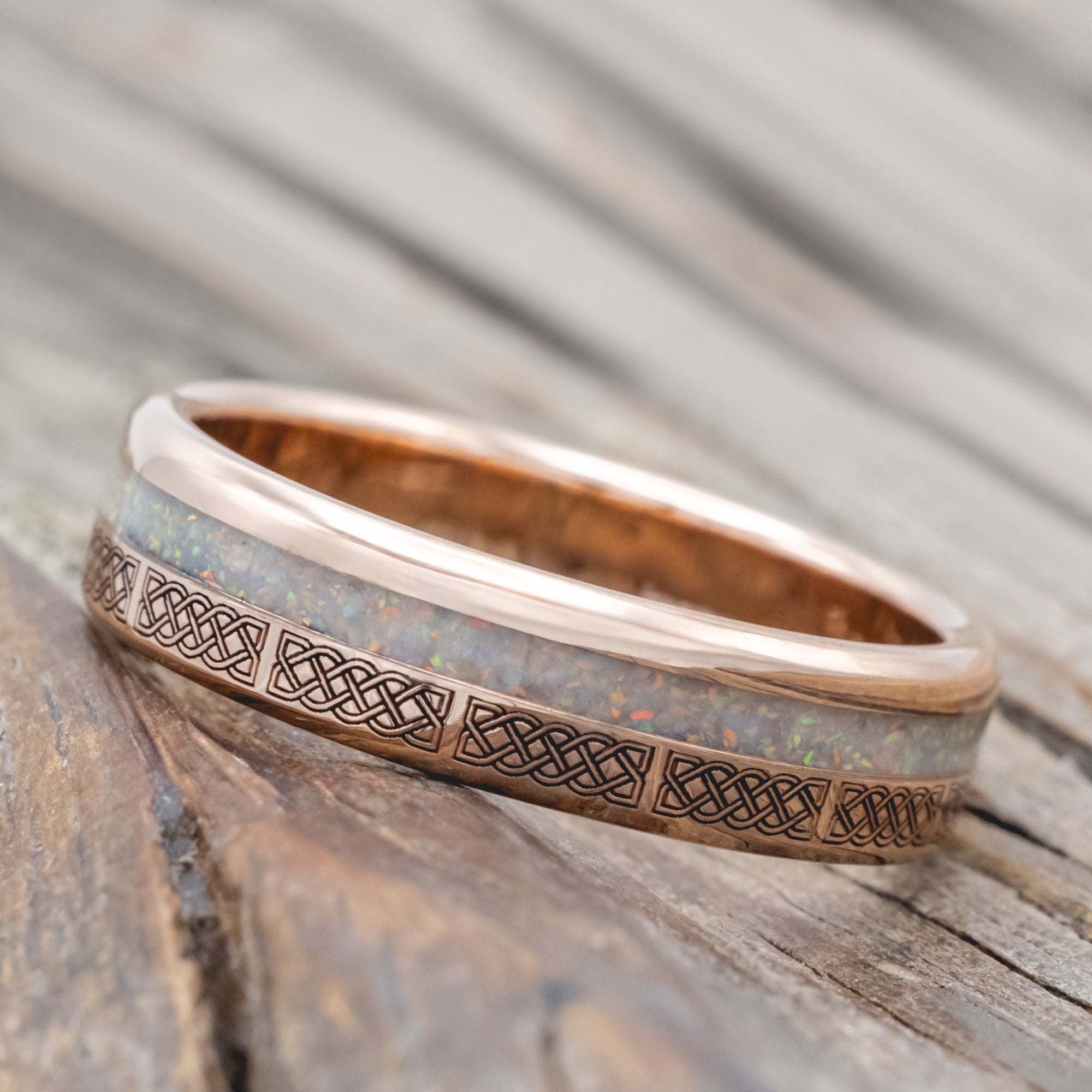 "VERTIGO" - CELTIC SAILOR'S KNOT ENGRAVED WITH FIRE & ICE OPAL WEDDING RING-Staghead Designs