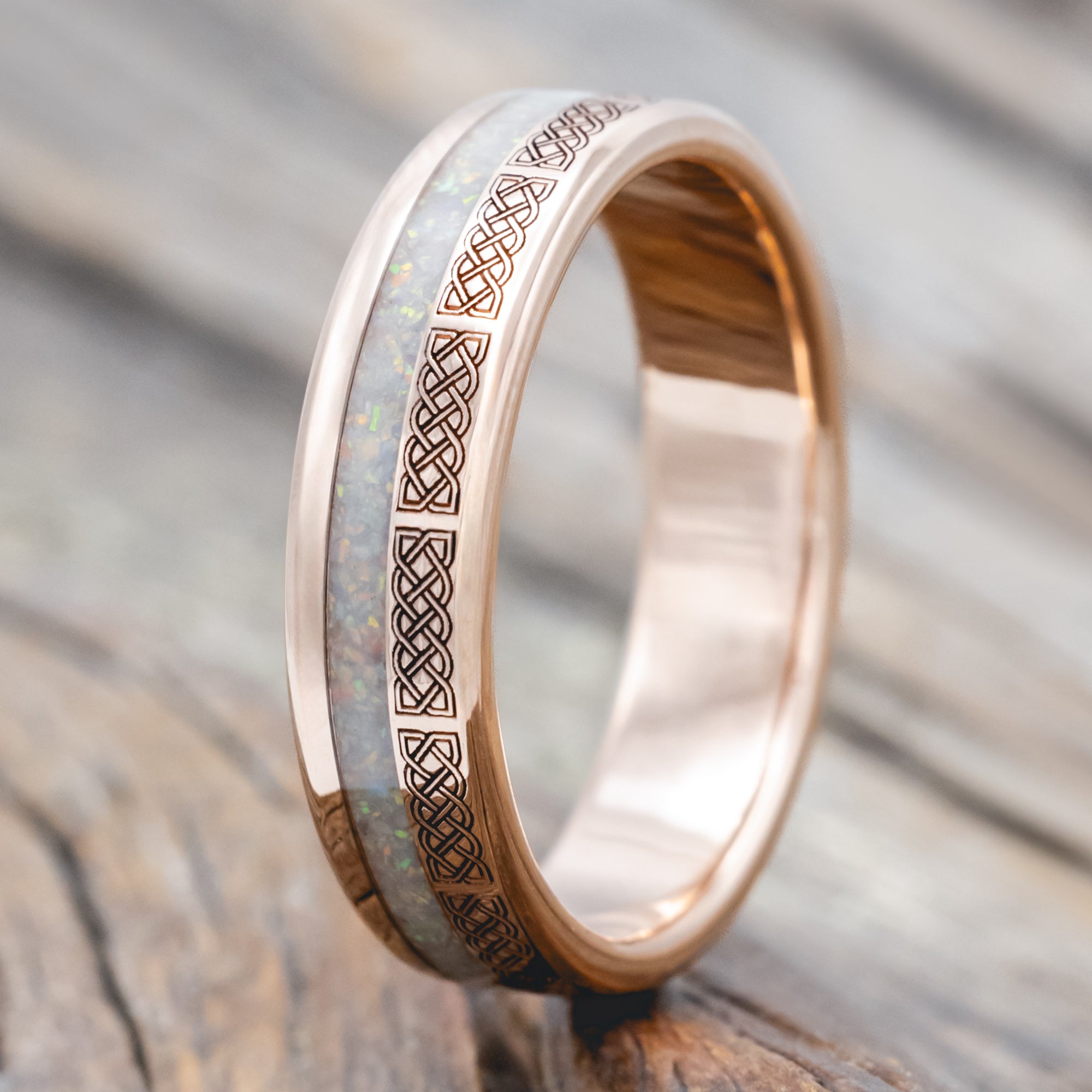 "VERTIGO" - CELTIC SAILOR'S KNOT ENGRAVED WITH FIRE & ICE OPAL WEDDING RING-Staghead Designs