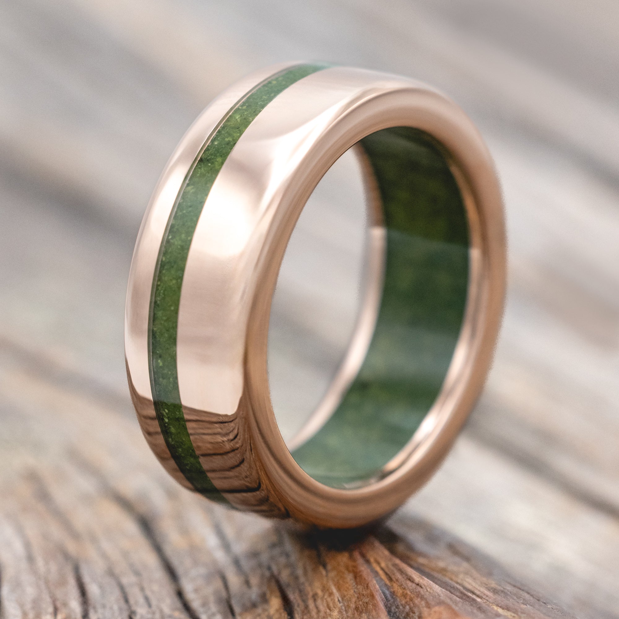 "VERTIGO" - MOSS INLAY & LINING WEDDING RING-Staghead Designs