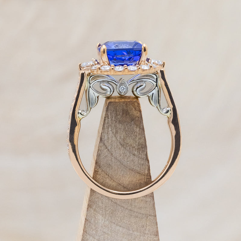 "OPHELIA" - CUSHION CUT TANZANITE ENGAGEMENT RING WITH DIAMOND HALO & ACCENTS - 14K ROSE GOLD & 14K WHITE GOLD - SIZE 4 1/2-Staghead Designs