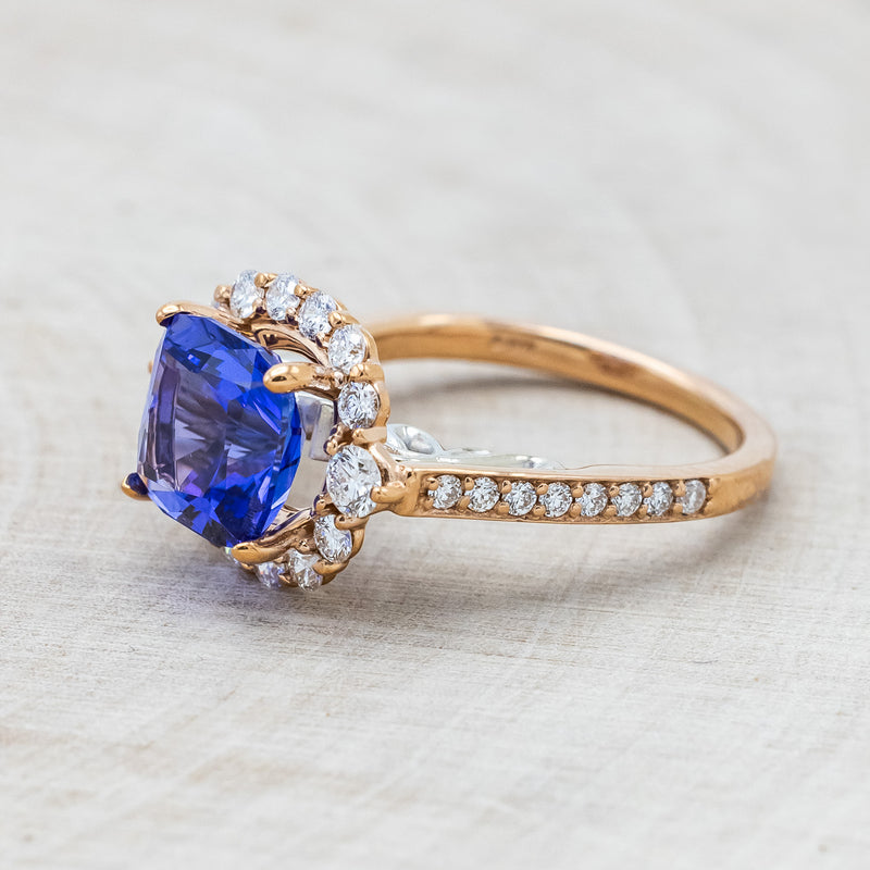 "OPHELIA" - CUSHION CUT TANZANITE ENGAGEMENT RING WITH DIAMOND HALO & ACCENTS - 14K ROSE GOLD & 14K WHITE GOLD - SIZE 4 1/2-Staghead Designs