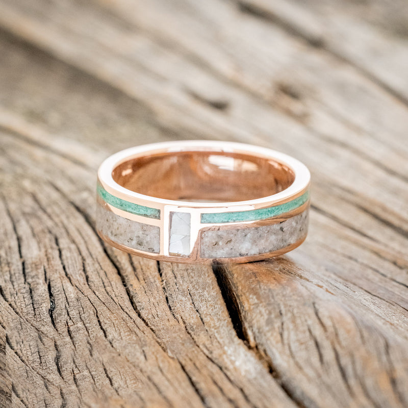 "BOWER" - ELK TOOTH, MALACHITE & MOTHER OF PEARL WEDDING RING FEATURING A 14K GOLD BAND-3