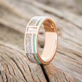 "BOWER" - ELK TOOTH, MALACHITE & MOTHER OF PEARL WEDDING RING FEATURING A 14K GOLD BAND
