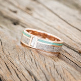 "BOWER" - ELK TOOTH, MALACHITE & MOTHER OF PEARL WEDDING RING FEATURING A 14K GOLD BAND