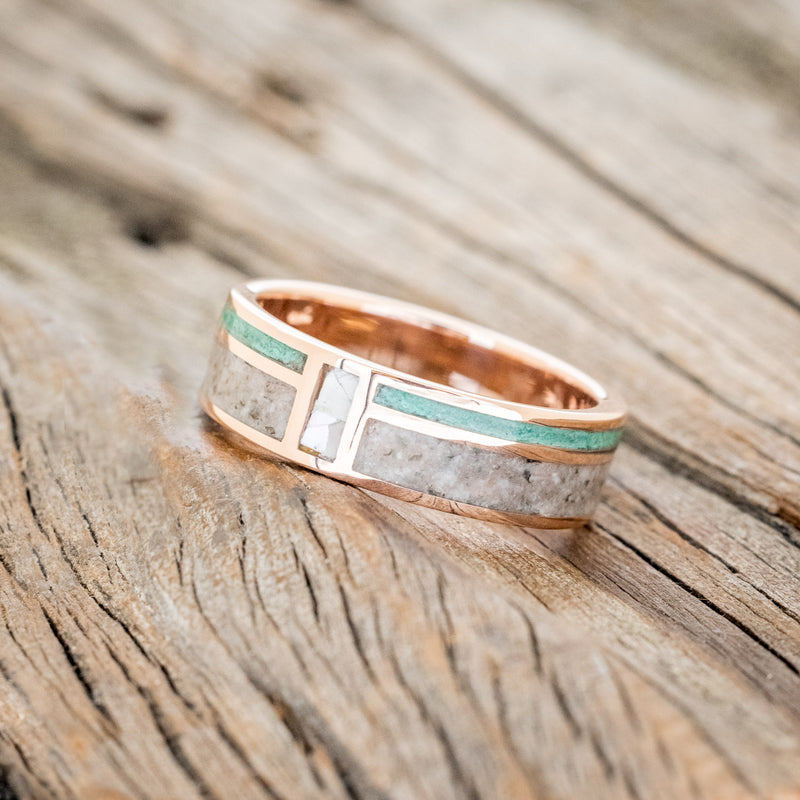 "BOWER" - ELK TOOTH, MALACHITE & MOTHER OF PEARL WEDDING RING FEATURING A 14K GOLD BAND-2