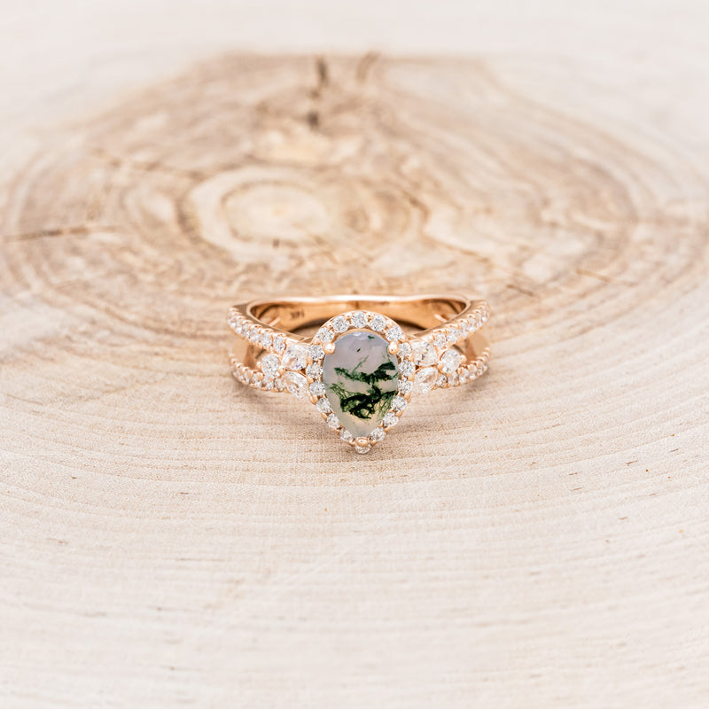 "LORETTA" - PEAR-SHAPED MOSS AGATE ENGAGEMENT RING WITH DIAMOND HALO & ACCENTS-4