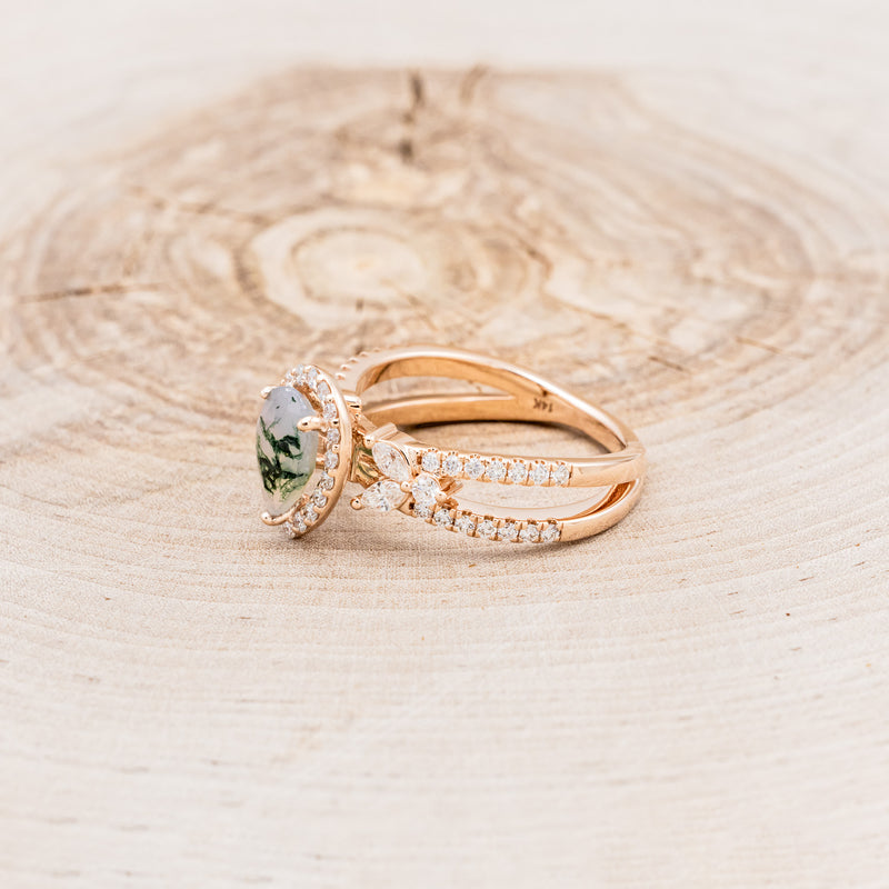 "LORETTA" - PEAR-SHAPED MOSS AGATE ENGAGEMENT RING WITH DIAMOND HALO & ACCENTS-3