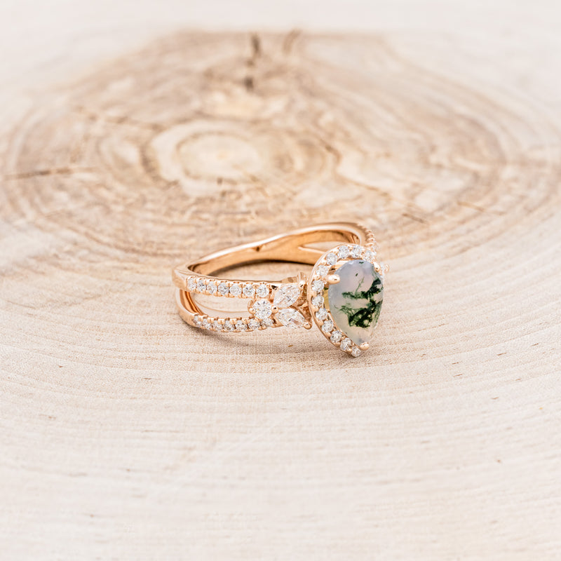 "LORETTA" - PEAR-SHAPED MOSS AGATE ENGAGEMENT RING WITH DIAMOND HALO & ACCENTS-2