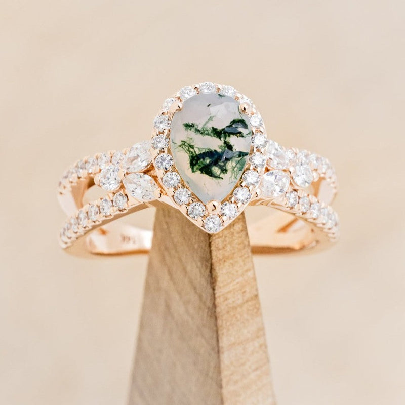 "LORETTA" - PEAR-SHAPED MOSS AGATE ENGAGEMENT RING WITH DIAMOND HALO & ACCENTS-1