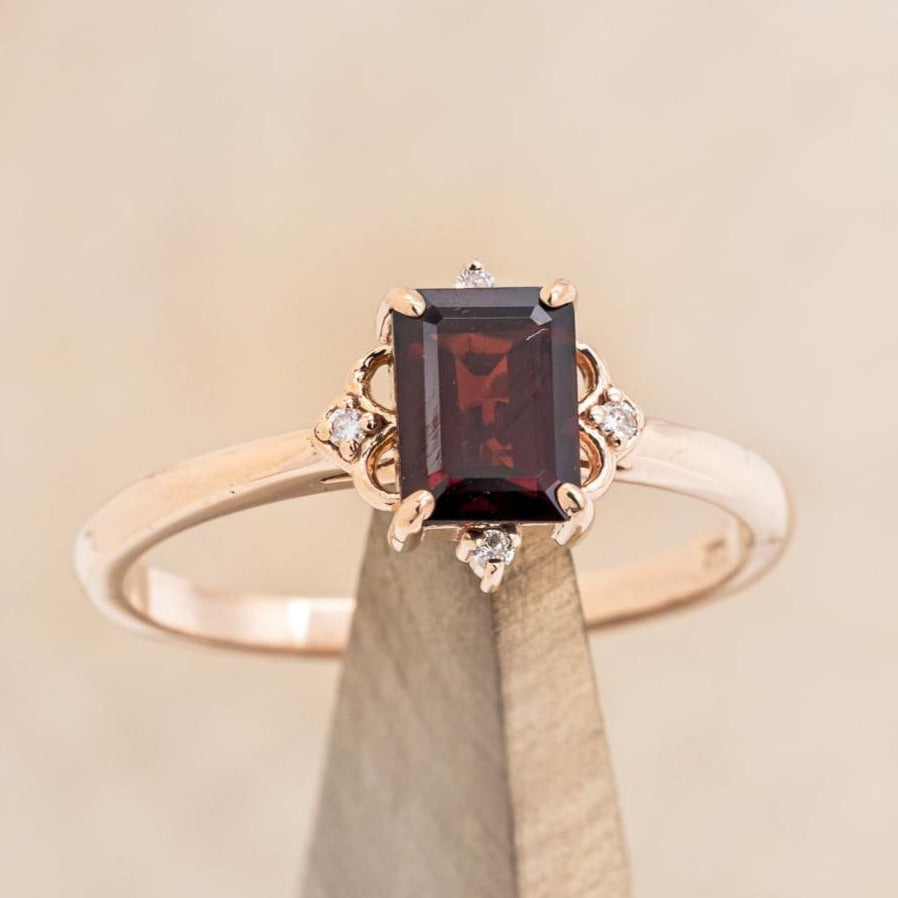 "ZELLA" - EMERALD-CUT MOZAMBIQUE GARNET ENGAGEMENT RING WITH DIAMOND ACCENTS-7