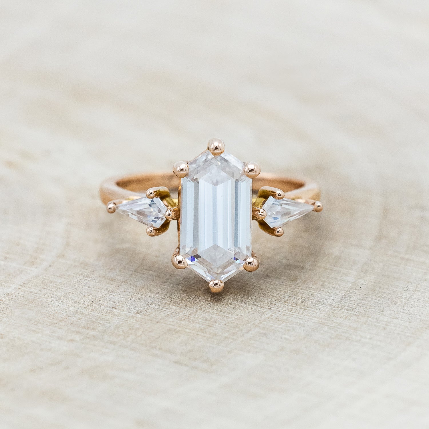 "ISLA" - ELONGATED HEXAGON CUT MOISSANITE ENGAGEMENT RING WITH MOISSANITE ACCENTS & A DIAMOND TRACER-Staghead Designs