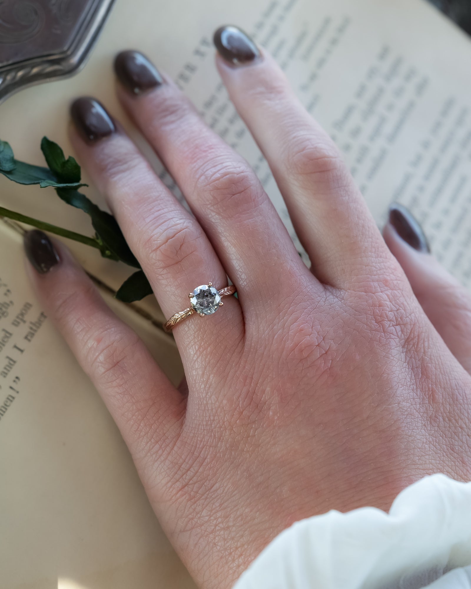 ONE-OF-A-KIND - "HOPE" - ROUND CUT SALT & PEPPER DIAMOND SOLITAIRE ENGAGEMENT RING WITH FEATHER ACCENTS-Staghead Designs