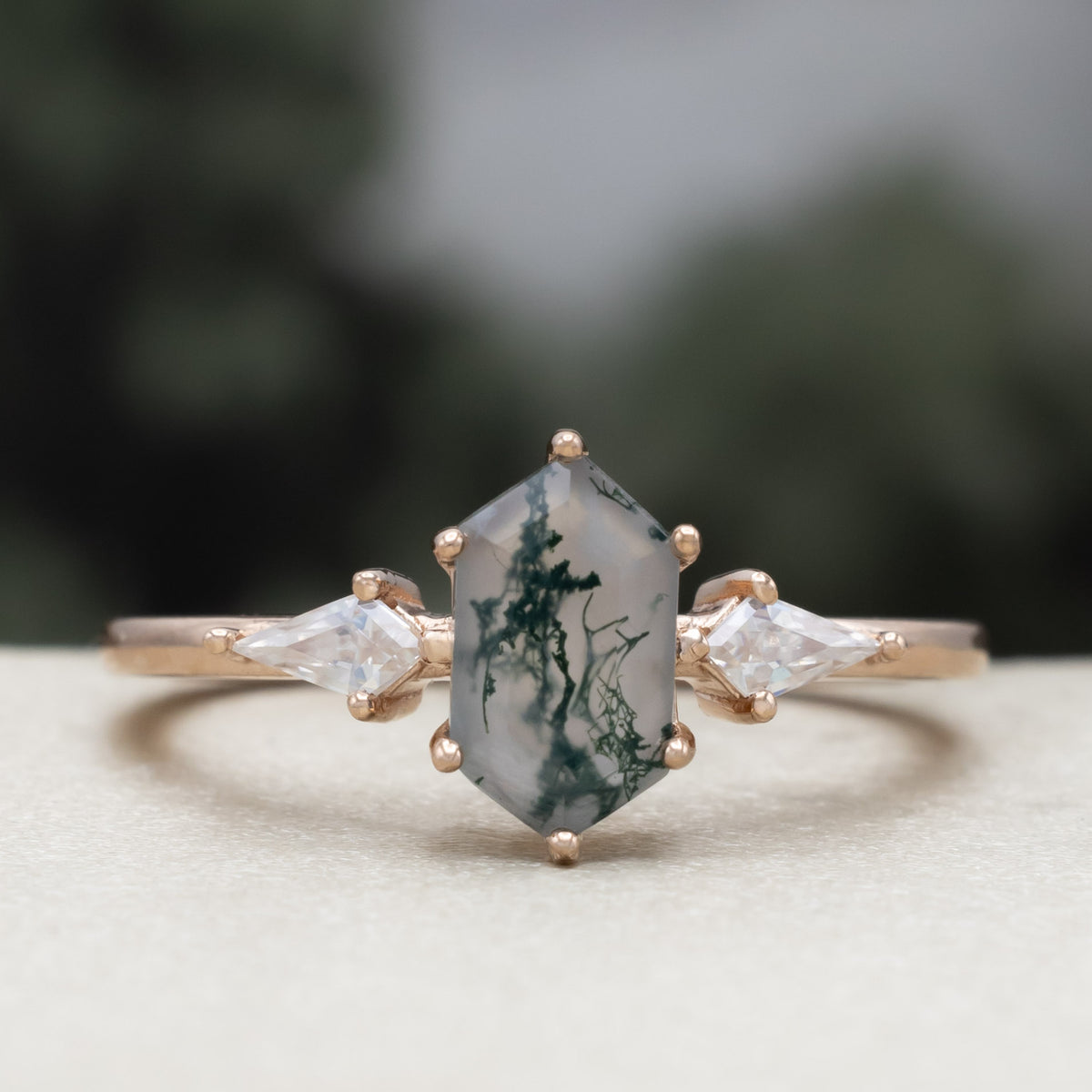 "Isla" - Elongated Hexagon Cut Moss Agate Engagement Ring With Moissanite Accents & Tracer-Staghead Designs