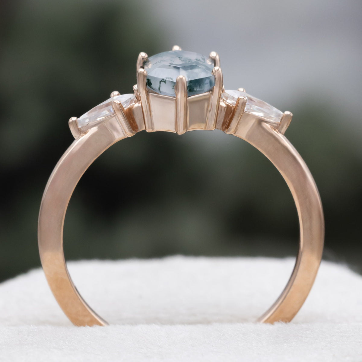 "Isla" - Elongated Hexagon Cut Moss Agate Engagement Ring With Moissanite Accents & Tracer-Staghead Designs
