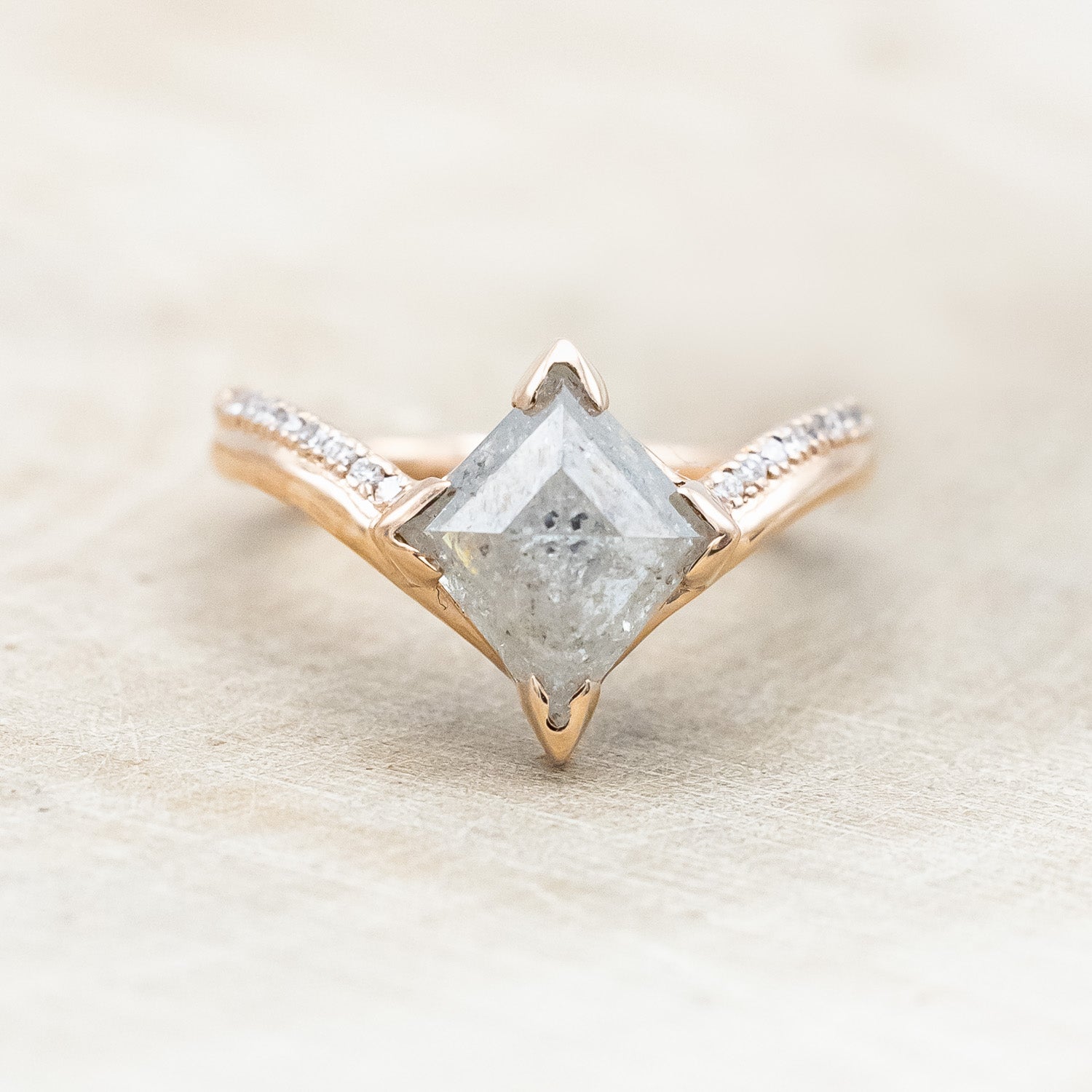 ONE-OF-A-KIND - "AURELIA" - LOZENGE ROSE CUT SALT & PEPPER DIAMOND ENGAGEMENT RING WITH DIAMOND ACCENTS-Staghead Designs