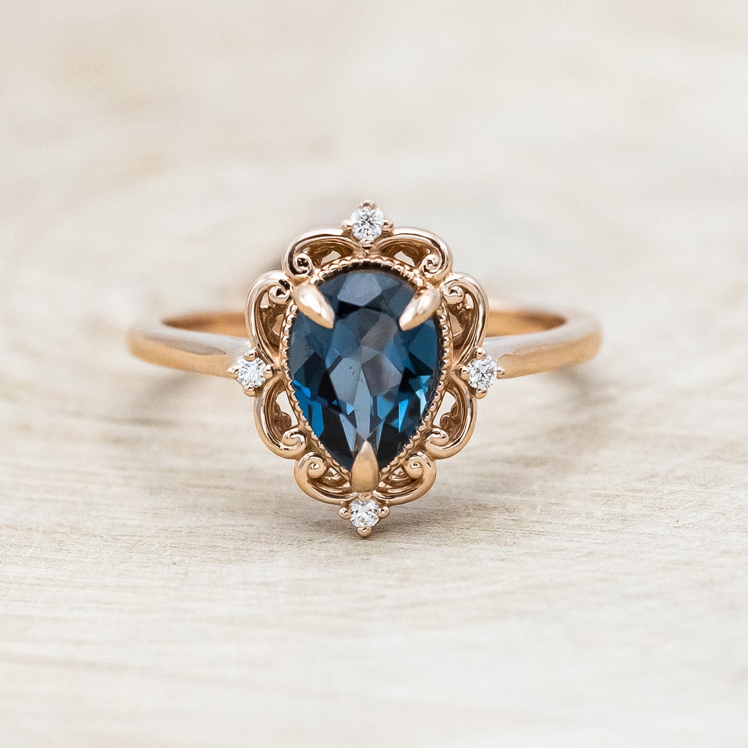 "VERA" - PEAR SHAPED LONDON BLUE TOPAZ ENGAGEMENT RING WITH DIAMOND ACCENTS-Staghead Designs