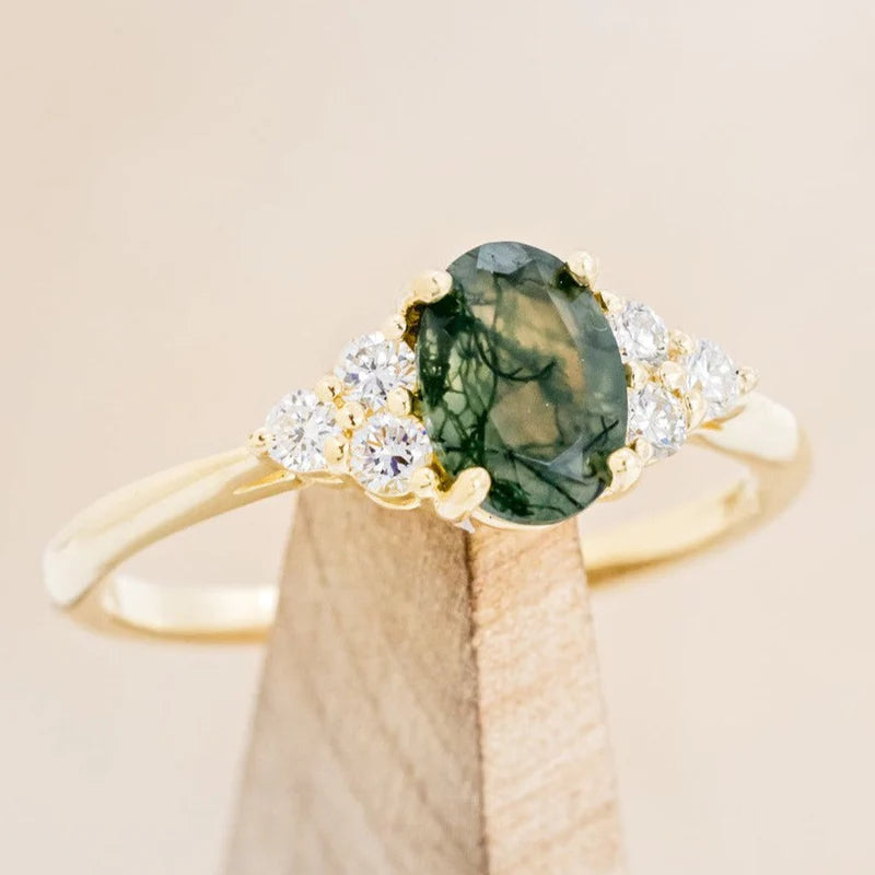 "Rhea" - Oval Cut Moss Agate Engagement Ring With Diamond Accents - 14K Yellow Gold - Size 6 1/2