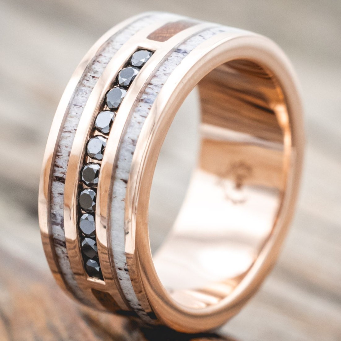 "RIO" - ANTLER & IRONWOOD WEDDING RING WITH BLACK DIAMOND ACCENTS-Staghead Designs