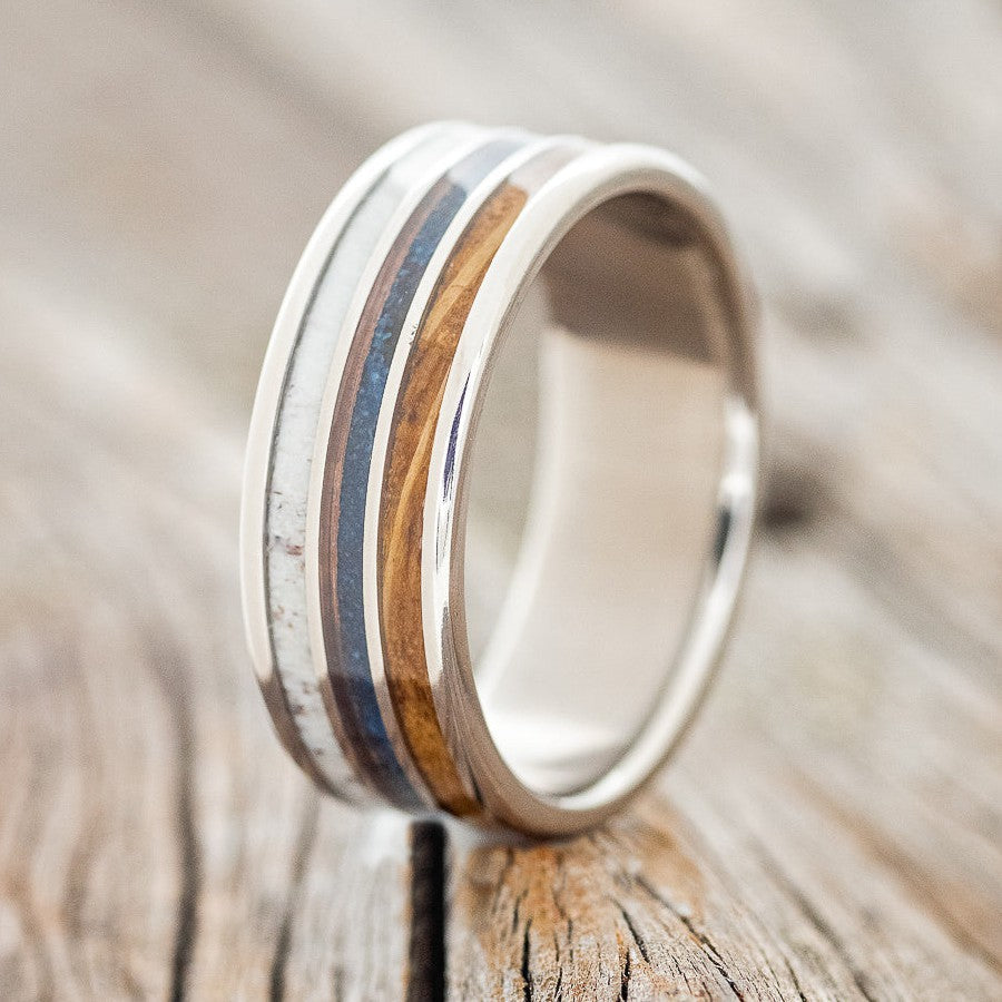 "RIO" - ANTLER, PATINA COPPER & WHISKEY BARREL OAK WEDDING BAND-1