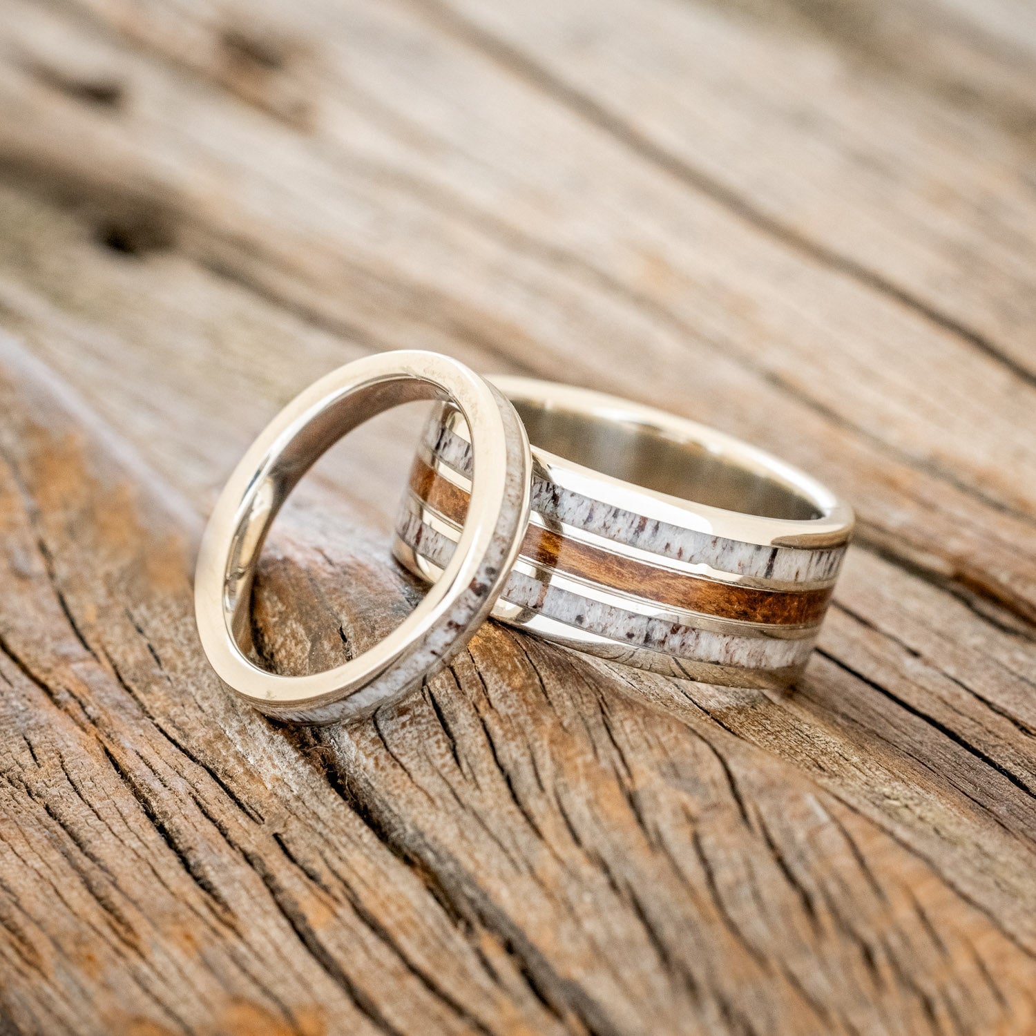"RIO" - MATCHING SET IRONWOOD & ANTLER WEDDING RINGS FEATURING 14K GOLD BANDS-1