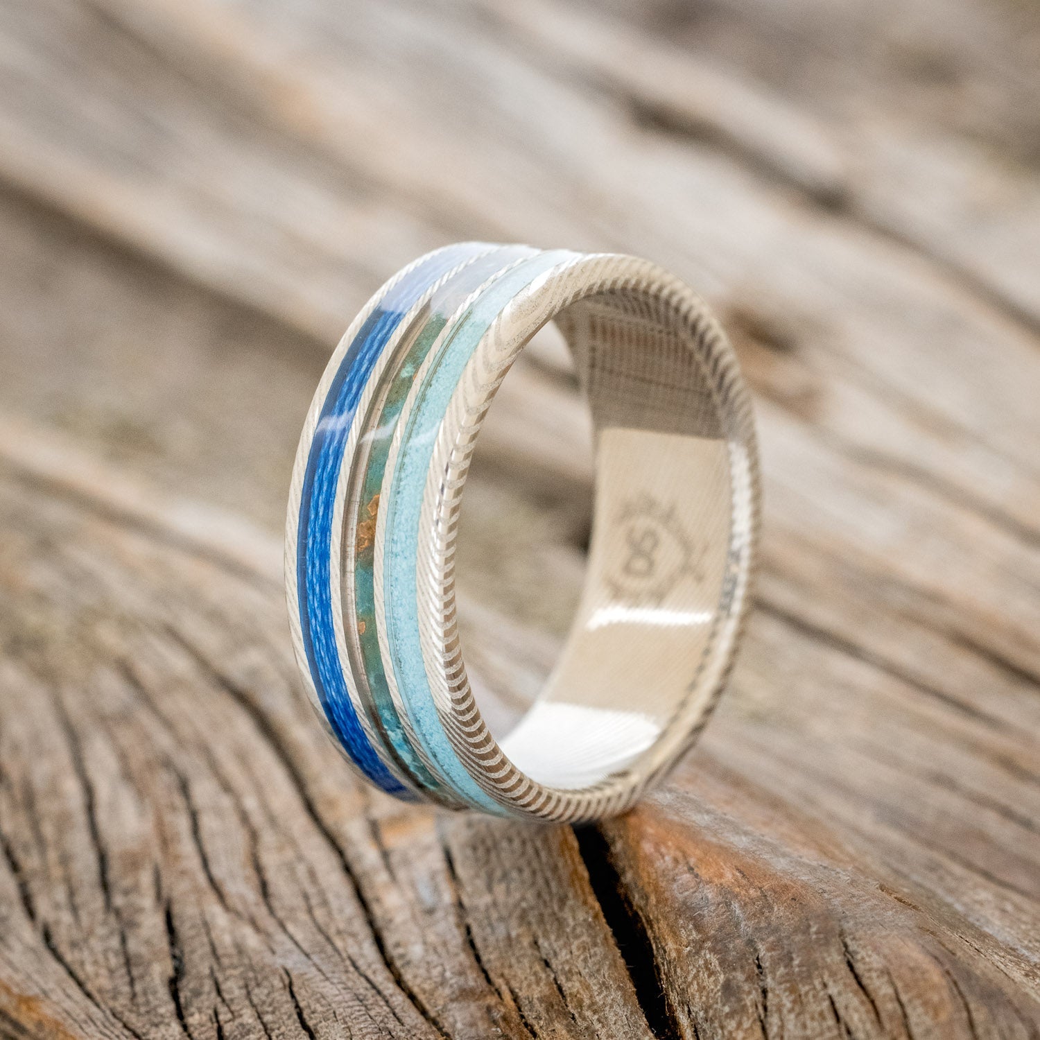 "RIO" - PATINA COPPER, TURQUOISE & BLUE FISHING LINE WEDDING BAND-Staghead Designs