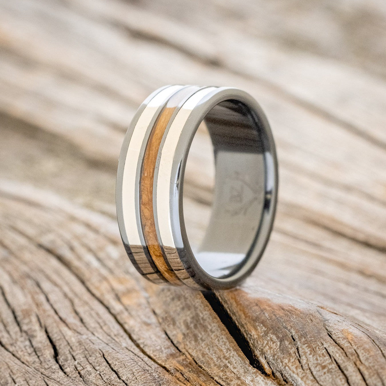 "RIO" - WHISKEY BARREL & 14K GOLD INLAYS WEDDING RING-1