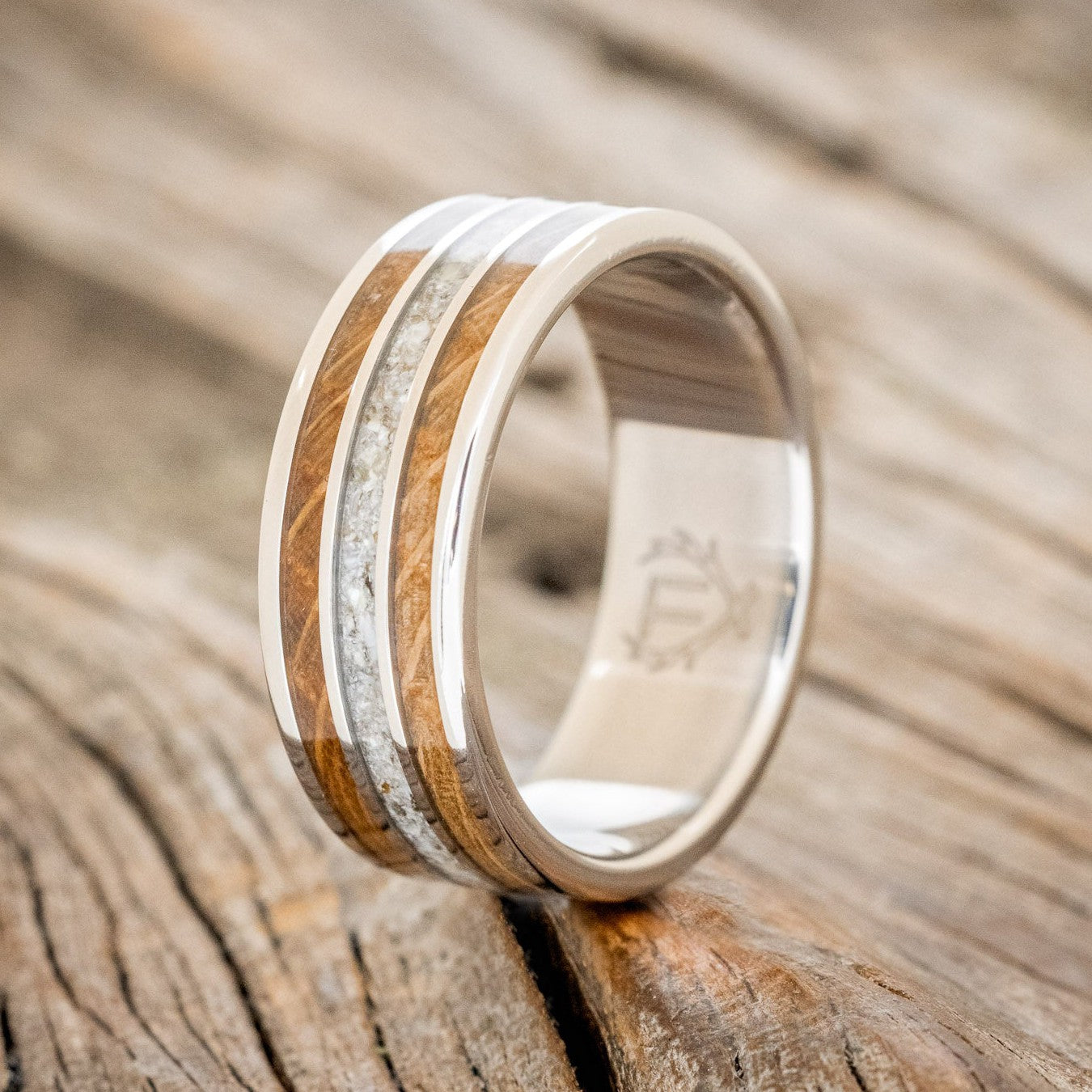 "RIO" - WHISKEY BARREL OAK & CRUSHED BLACK PEARL WEDDING RING-1
