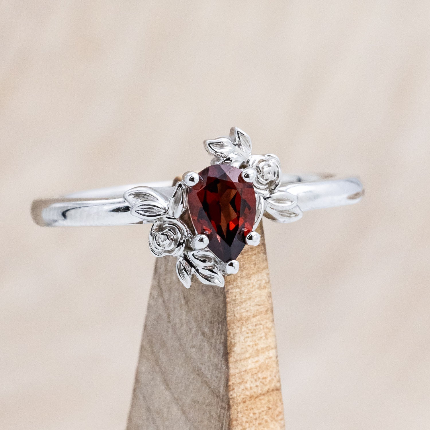 "ROSA" PETITE - PEAR CUT MOZAMBIQUE GARNET ENGAGEMENT RING WITH FLOWER ACCENTS-1