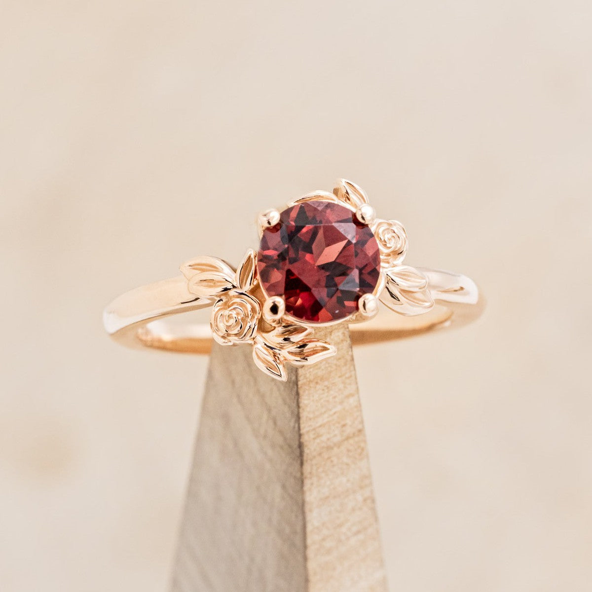 "ROSA" - ROUND CUT MOZAMBIQUE GARNET ENGAGEMENT RING WITH FLOWER ACCENTS-1