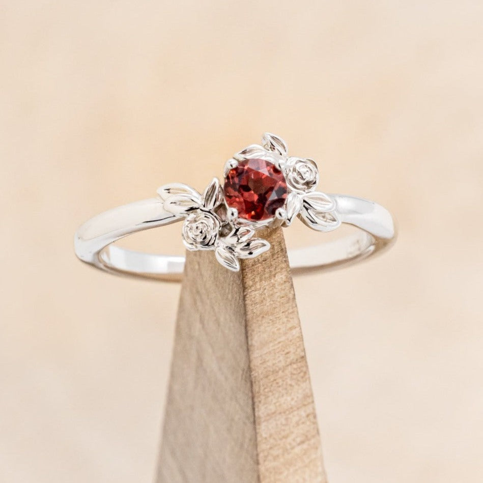 "ROSA" - ROUND CUT MOZAMBIQUE GARNET ENGAGEMENT RING WITH FLOWER ACCENTS-1