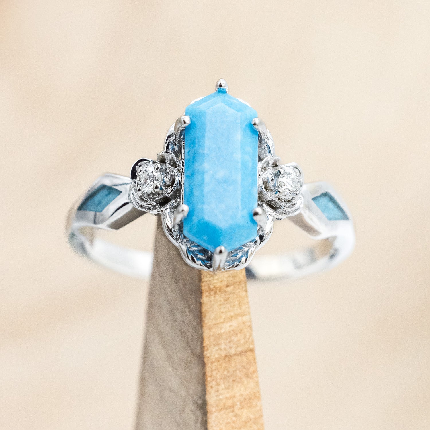"ROSETTA" - ELONGATED HEXAGON CUT STABILIZED TURQUOISE ENGAGEMENT RING WITH DIAMOND ACCENTS & TURQUOISE INLAYS-Staghead Designs