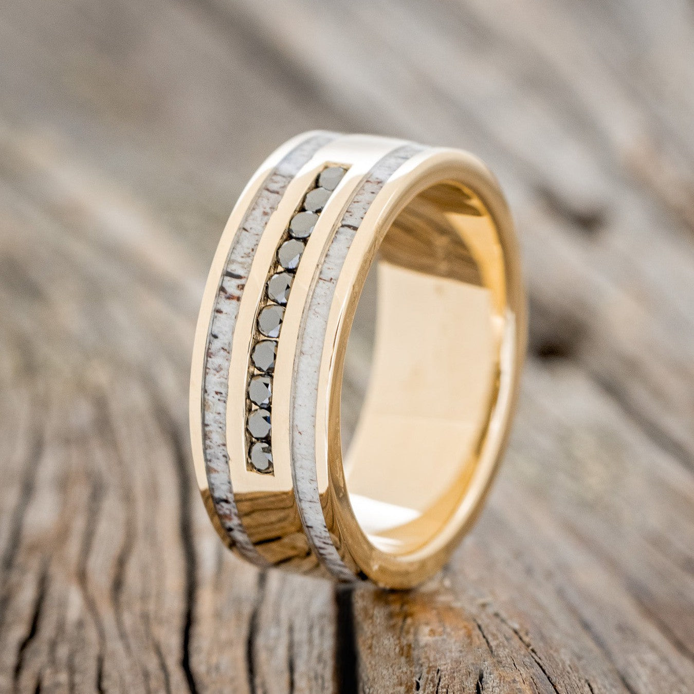 "RYDER" - BLACK DIAMONDS & ANTLER INLAYS WEDDING BAND-1