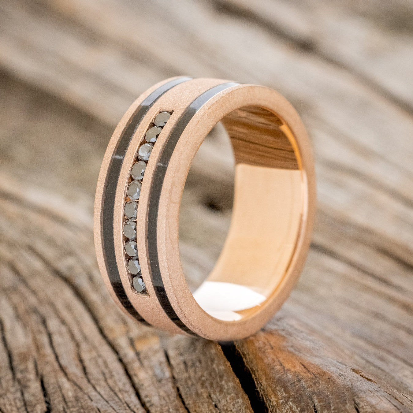 "RYDER" - BLACK DIAMONDS & JET STONE INLAYS WEDDING BAND WITH A SANDBLASTED FINISH-1