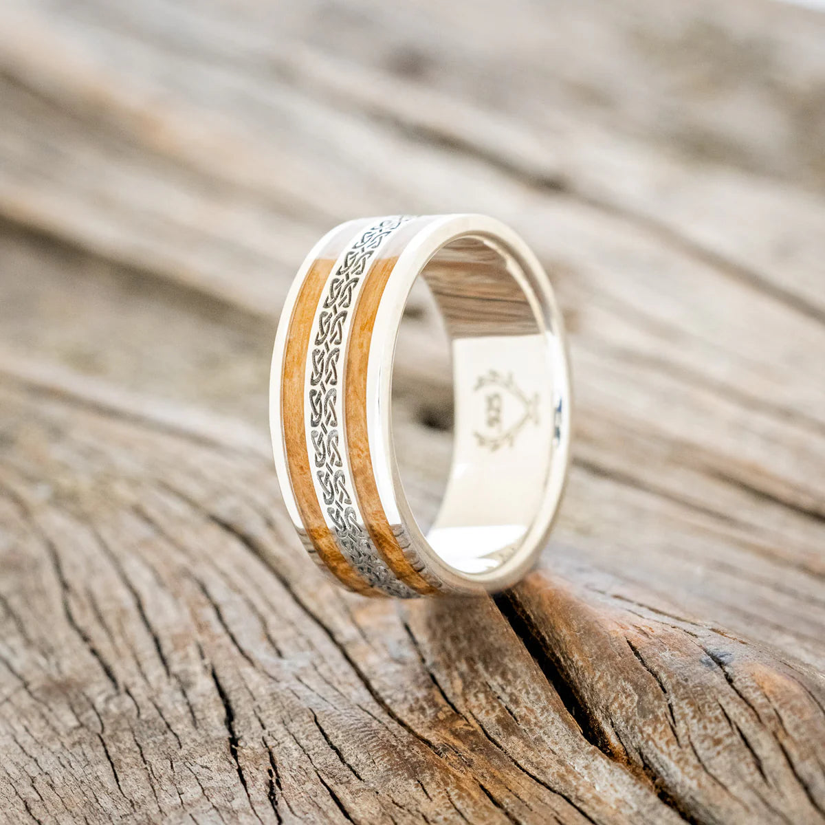 "RYDER" - CELTIC LOVE KNOT ENGRAVED & WHISKEY BARREL OAK WEDDING RING - SILVER - SIZE 9 3/4-Staghead Designs