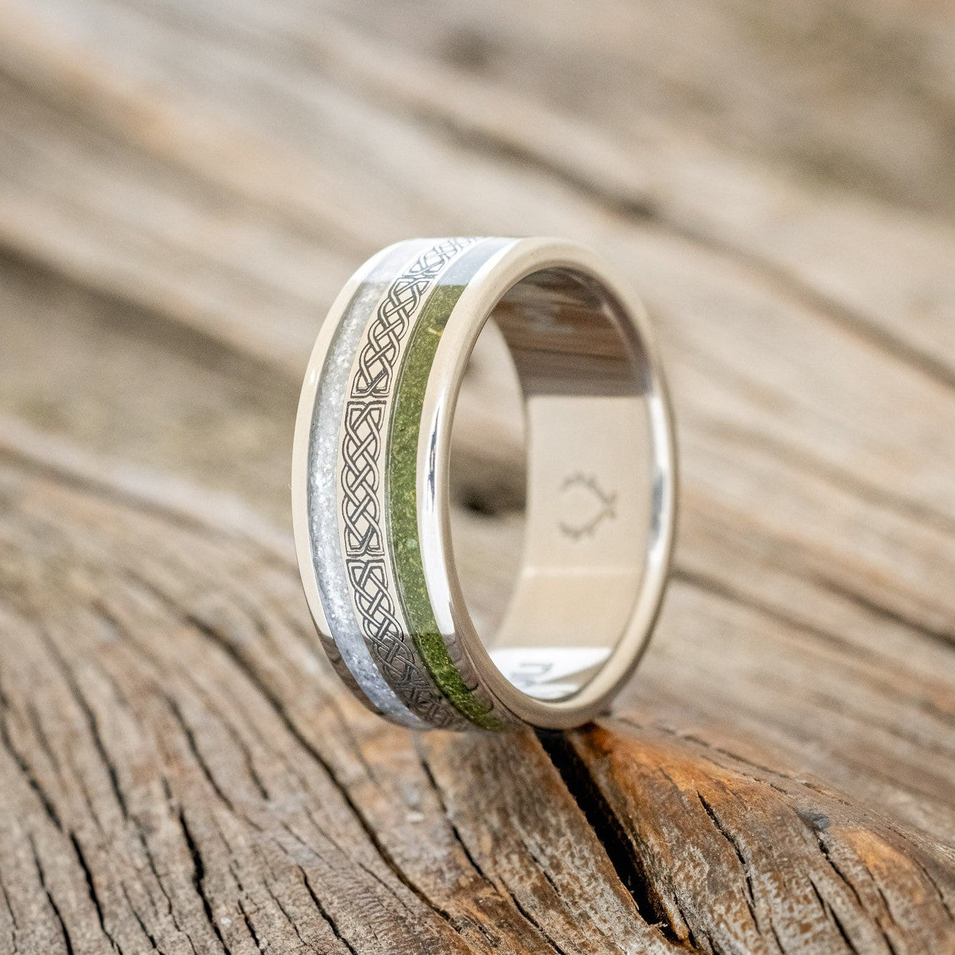 "RYDER" - CELTIC SAILOR'S KNOT ENGRAVED, DIAMOND DUST & MOSS WEDDING RING-1