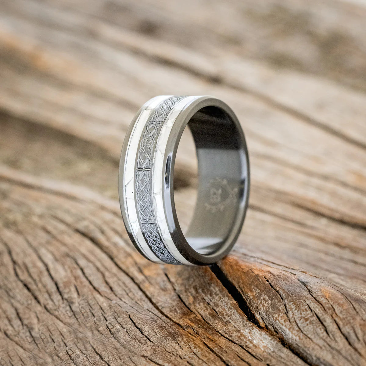 "RYDER" - CELTIC SAILOR'S KNOT ENGRAVED & MOTHER OF PEARL WEDDING RING - BLACK ZIRCONIUM - SIZE 10 1/2-Staghead Designs
