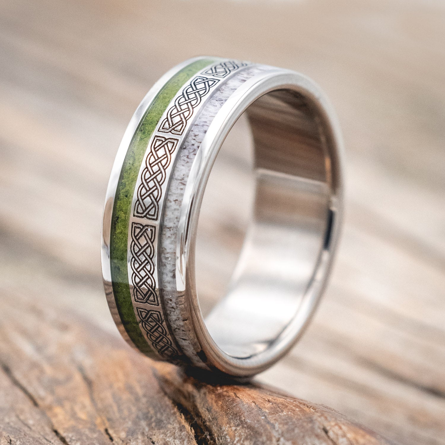 "RYDER" - CELTIC SAILOR'S KNOT ENGRAVED WEDDING BAND WITH ANTLER & MOSS-Staghead Designs
