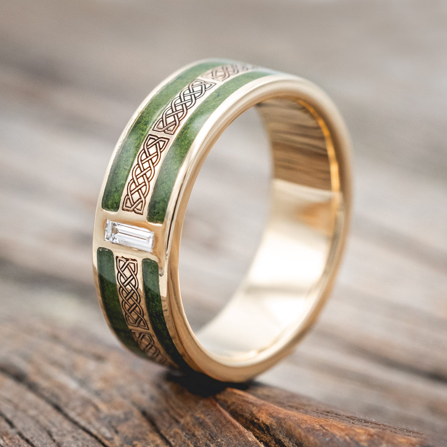 "RYDER" - CELTIC SAILOR'S KNOT ENGRAVED WEDDING RING WITH LAB-GROWN DIAMOND ACCENT & MOSS INLAYS-Staghead Designs