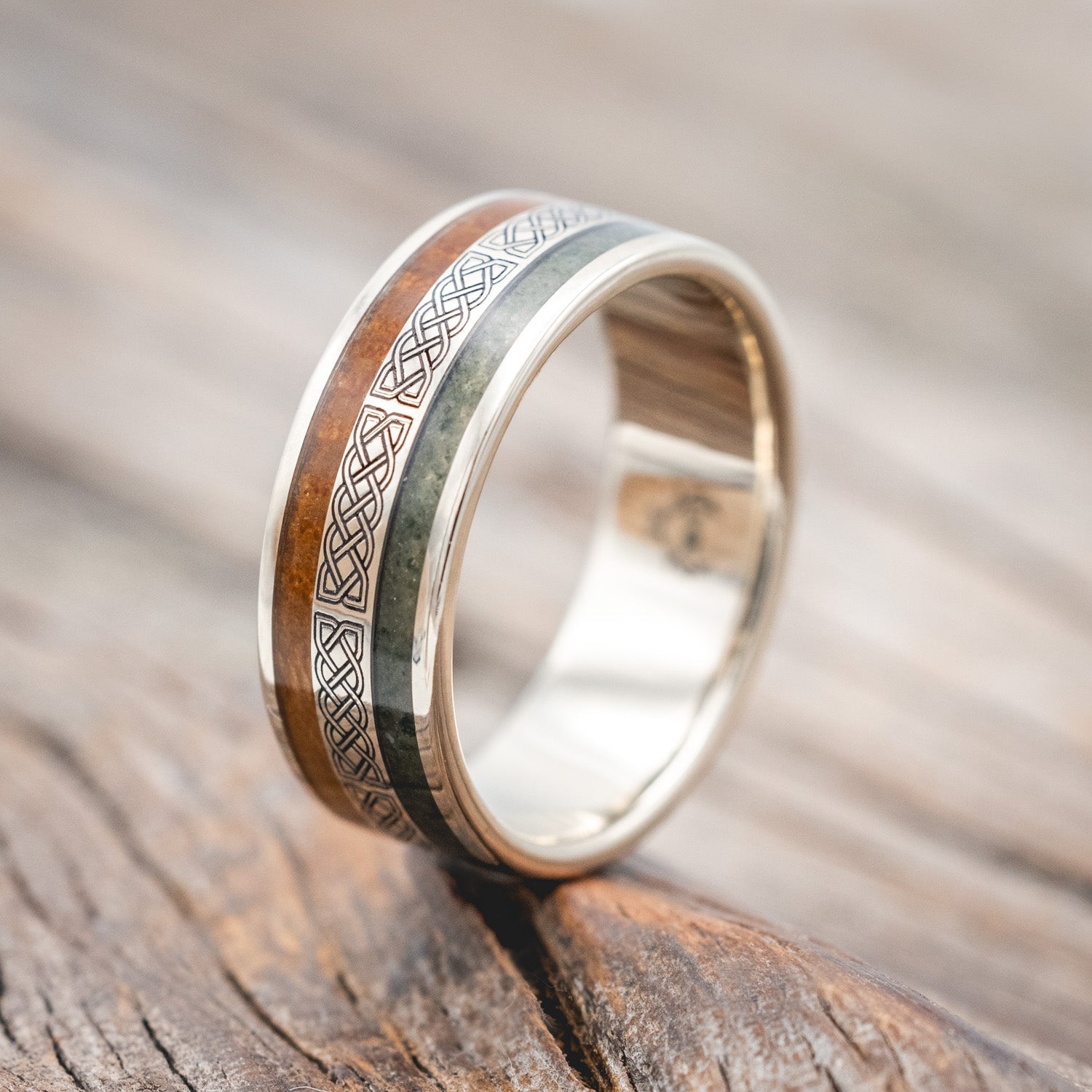 "RYDER" - CELTIC SAILOR'S KNOT ENGRAVED WITH WHISKEY BARREL & MOSS AGATE WEDDING RING-Staghead Designs
