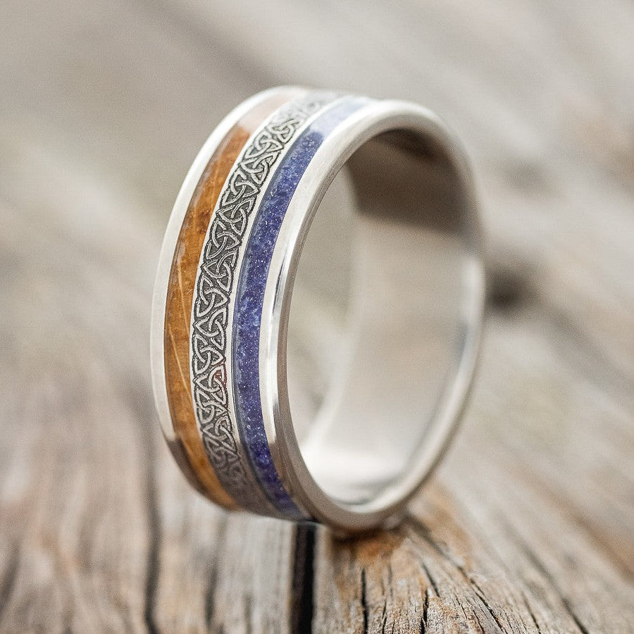 "RYDER" - CELTIC TRIQUETRA KNOT ENGRAVED, WHISKEY BARREL OAK & BLUE GOLDSTONE WEDDING RING-1