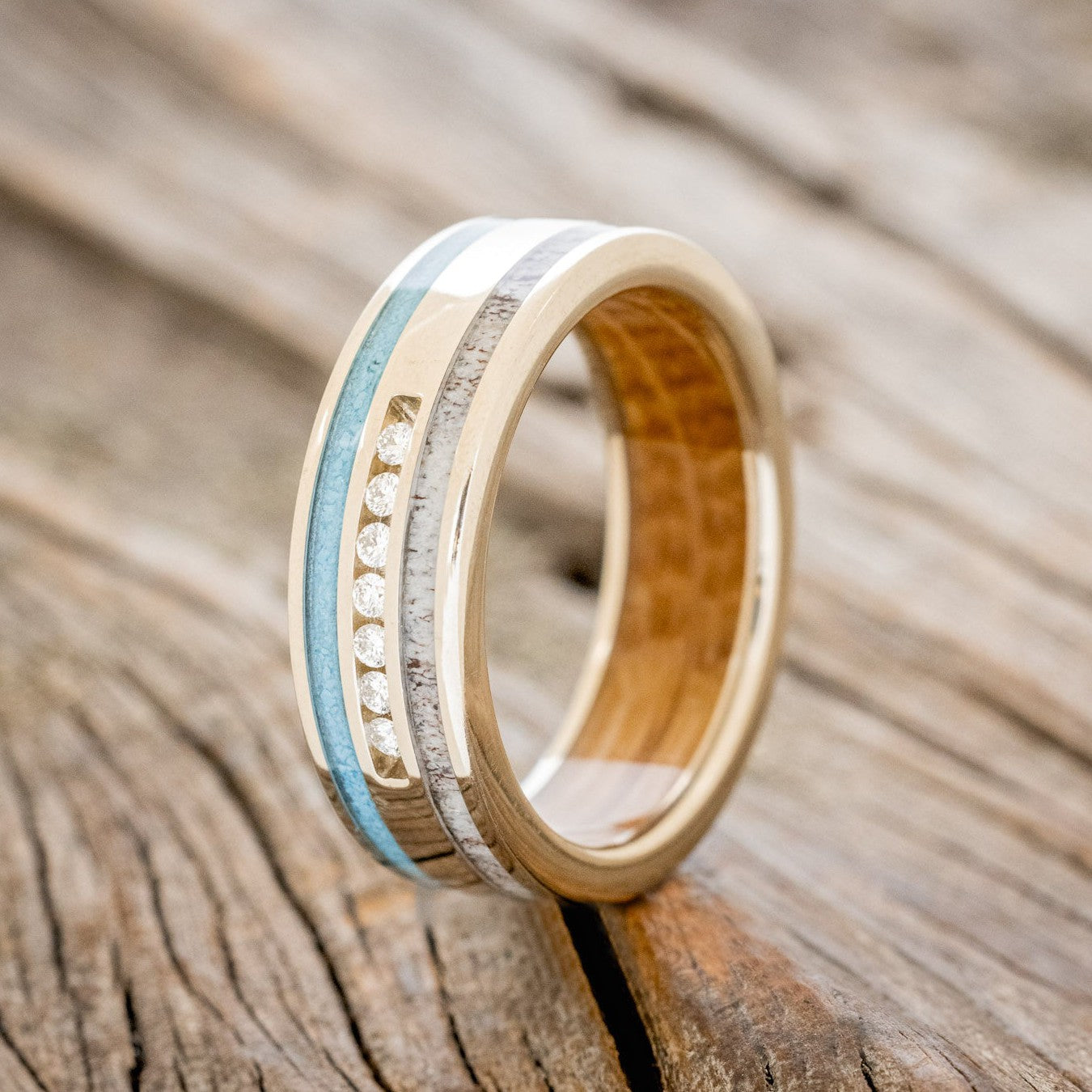 "RYDER" - DIAMONDS, ANTLER & TURQUOISE INLAYS WEDDING BAND WITH WHISKEY BARREL LINING-1