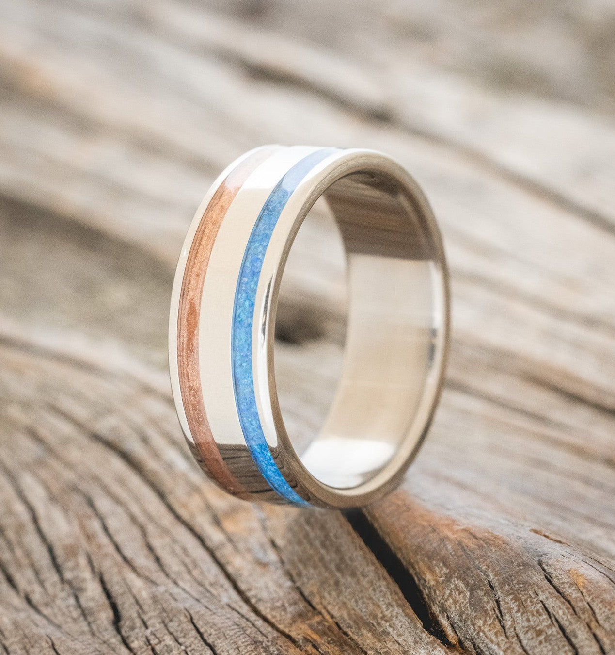 "RYDER" - POWDERED COPPER & BLUE OPAL INLAY WEDDING RING-1